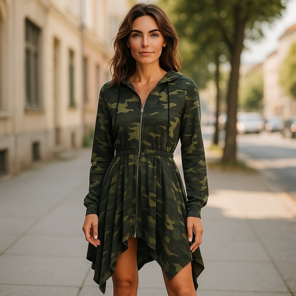 Long Sleeve Camouflage Hoodie asymmetrical Full Zip Jacket Dress
New - Picture 2 of 14